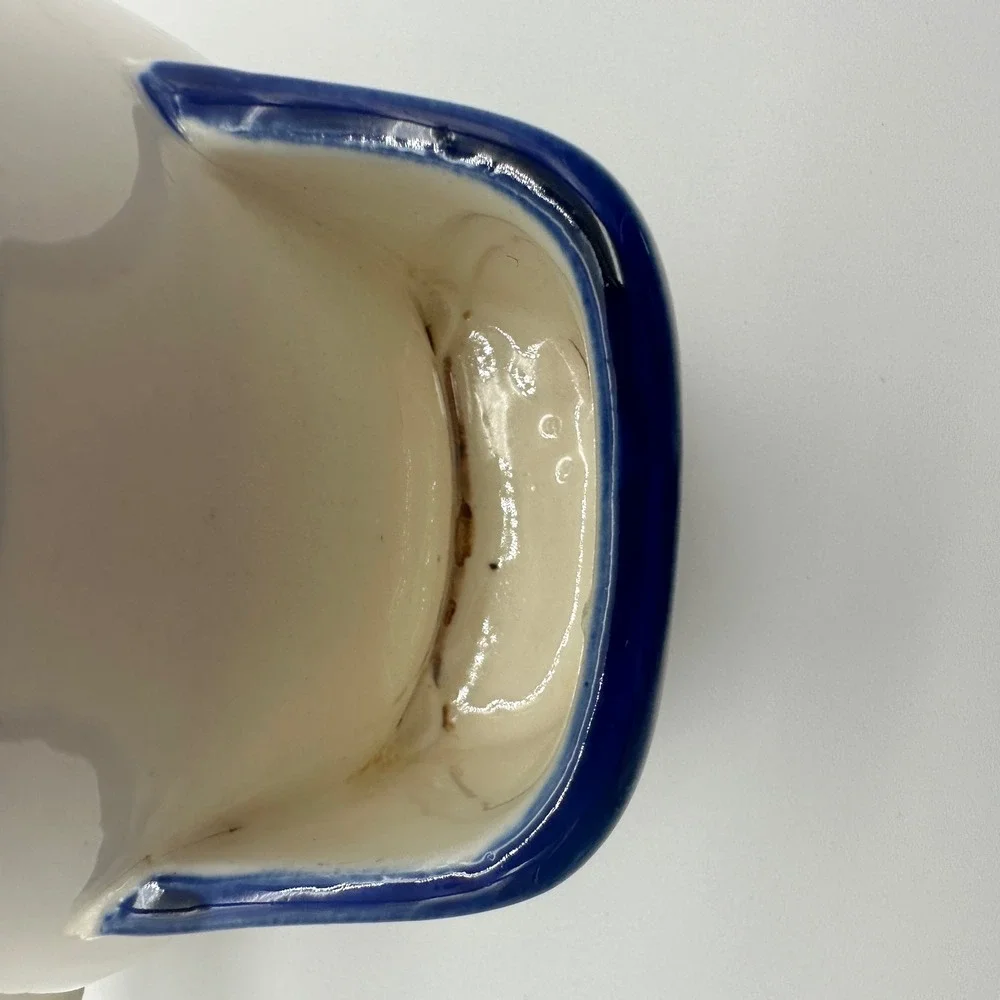 Vintage Ceramic Shaving Cream Mug with Side Brush Pocket Blue Rim Cream Pottery